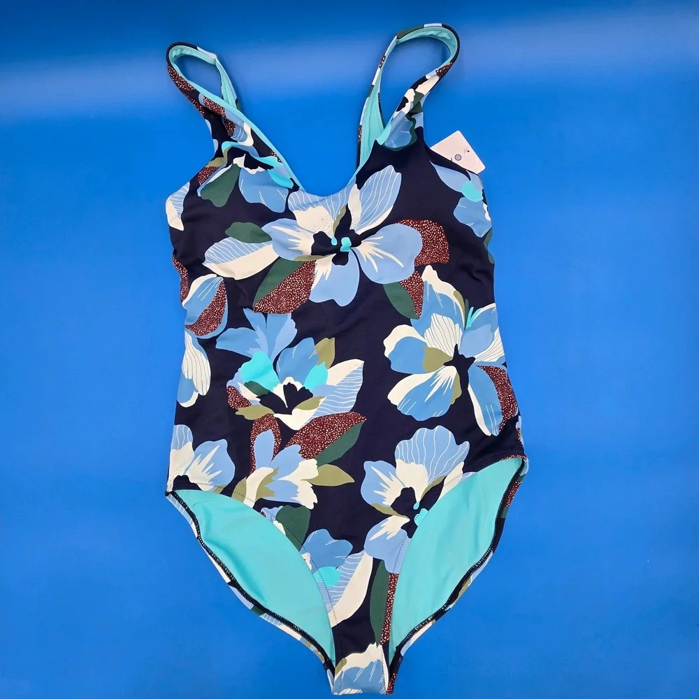 Athleta‎ Seychelles One Piece Swimsuit Floral Navy Blue Tall Large NWT 986170